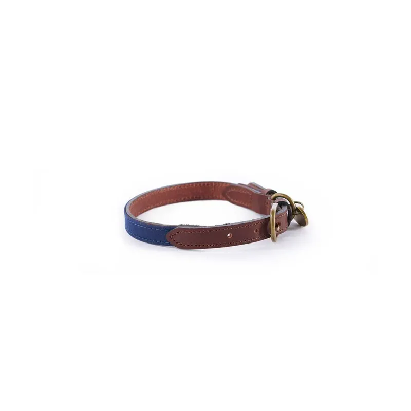 Le Chameau Waxed Cotton/Leather Dog Collar - Bleu Fonce-1